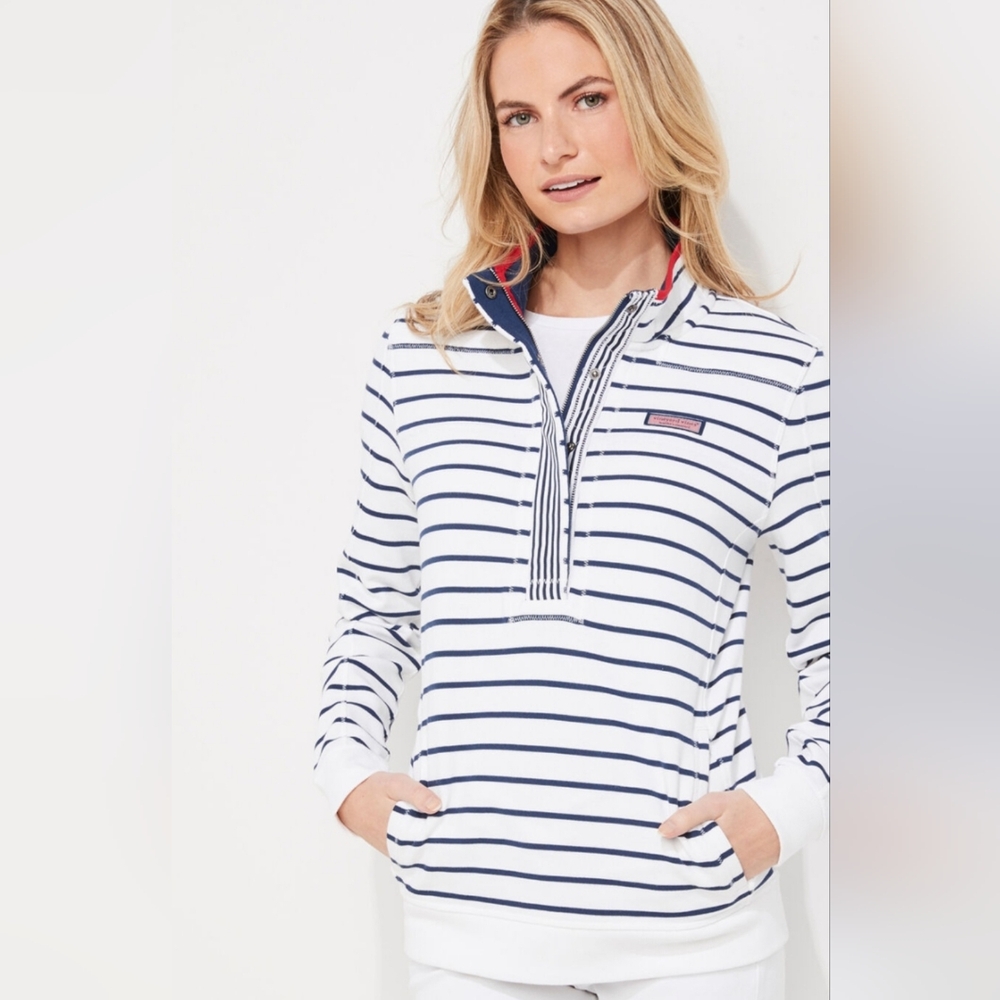 Vineyard Vines Women's Half Button-Up 100% Cotton Mockneck - White and Navy, L